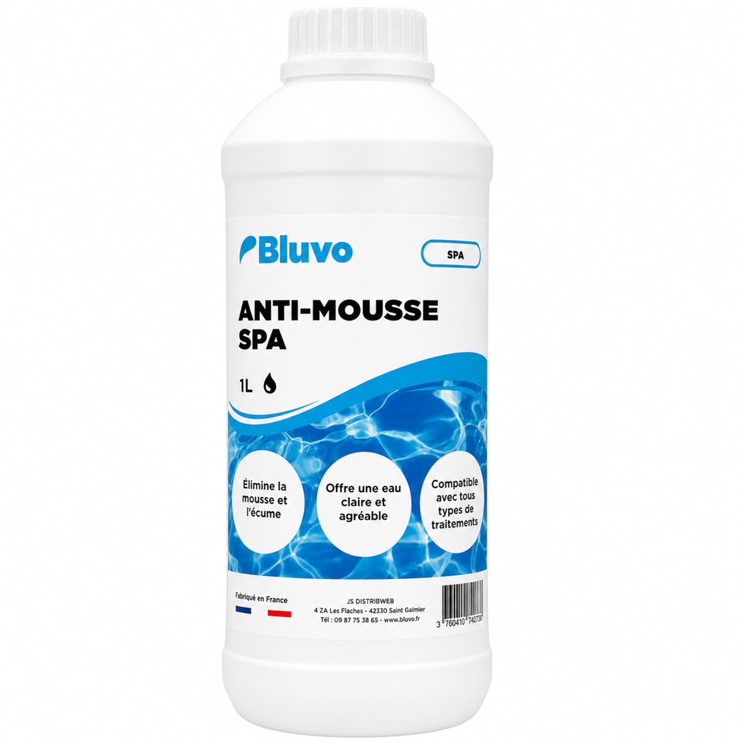Bluvo Anti Mousse et Écume pour Spa – Élimination Rapide | Produit d’Entretien 1L | Fabriqué en France