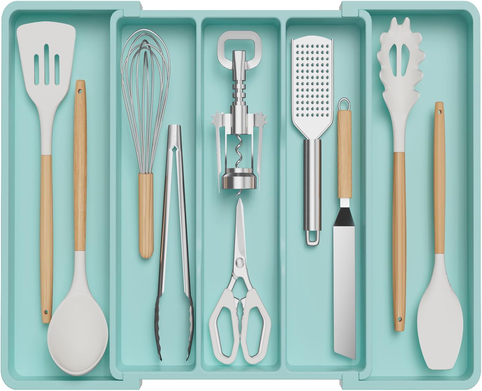 Lifewit Utensil Organizer for Kitchen Drawers, Expandable Cooking Utensil Tray, Adjustable Cutlery Silverware Flatware Holder, Plastic Spatula Tools and Gadgets Storage Divider, Large, TurquoiseRecycled Claim Standard 100