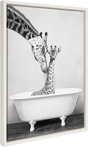 Kate and Laurel Sylvie - Lienzo enmarcado con diseño de jirafa en la tina, arte de pared por Amy Peterson Art Studio, 18 x 24 pulgadas, natural,