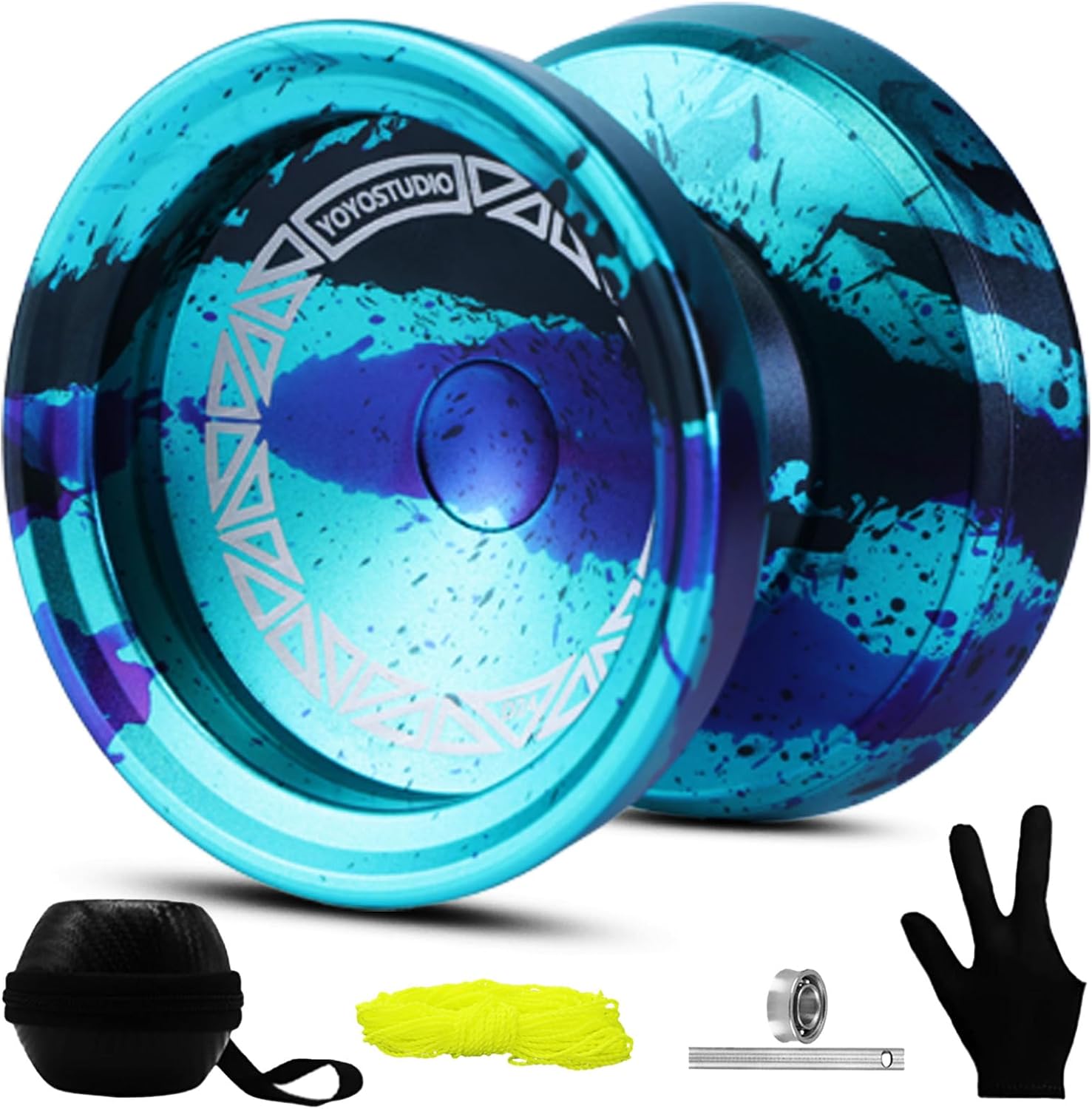 YOYOSTUDIO D24 Professional Finger Spin Yoyo - Responsive & Unresponsive Modes Yoyo for Kids 8-12 and Adults - Complete Kit with Bearing Kit, 10 Strings, Case & Glove - Cyan Black Purple