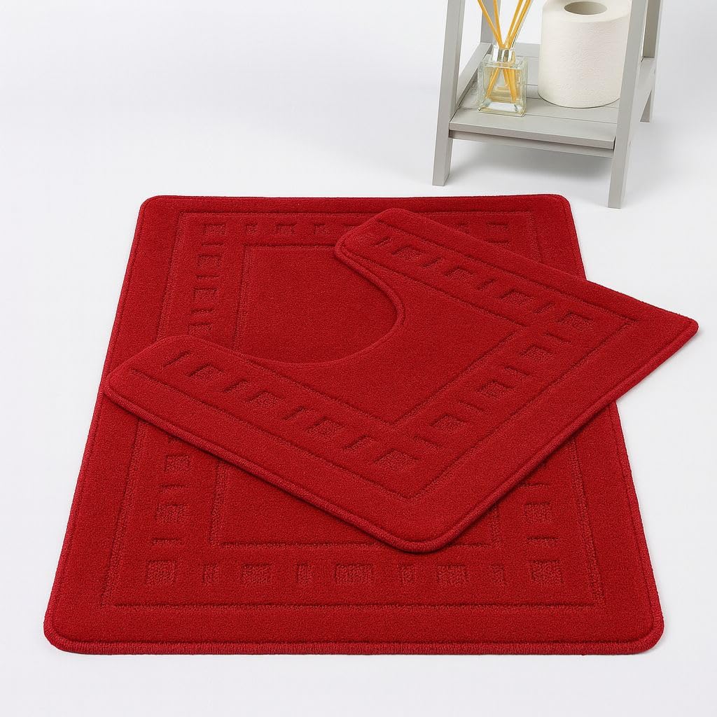 HOMES-LINEN Diem Square 2 Piece Bath Mat & Pedestal Set Non Slip Extra Absorbent Bathroom Toilet Rug Bath Mats Set (Red)
