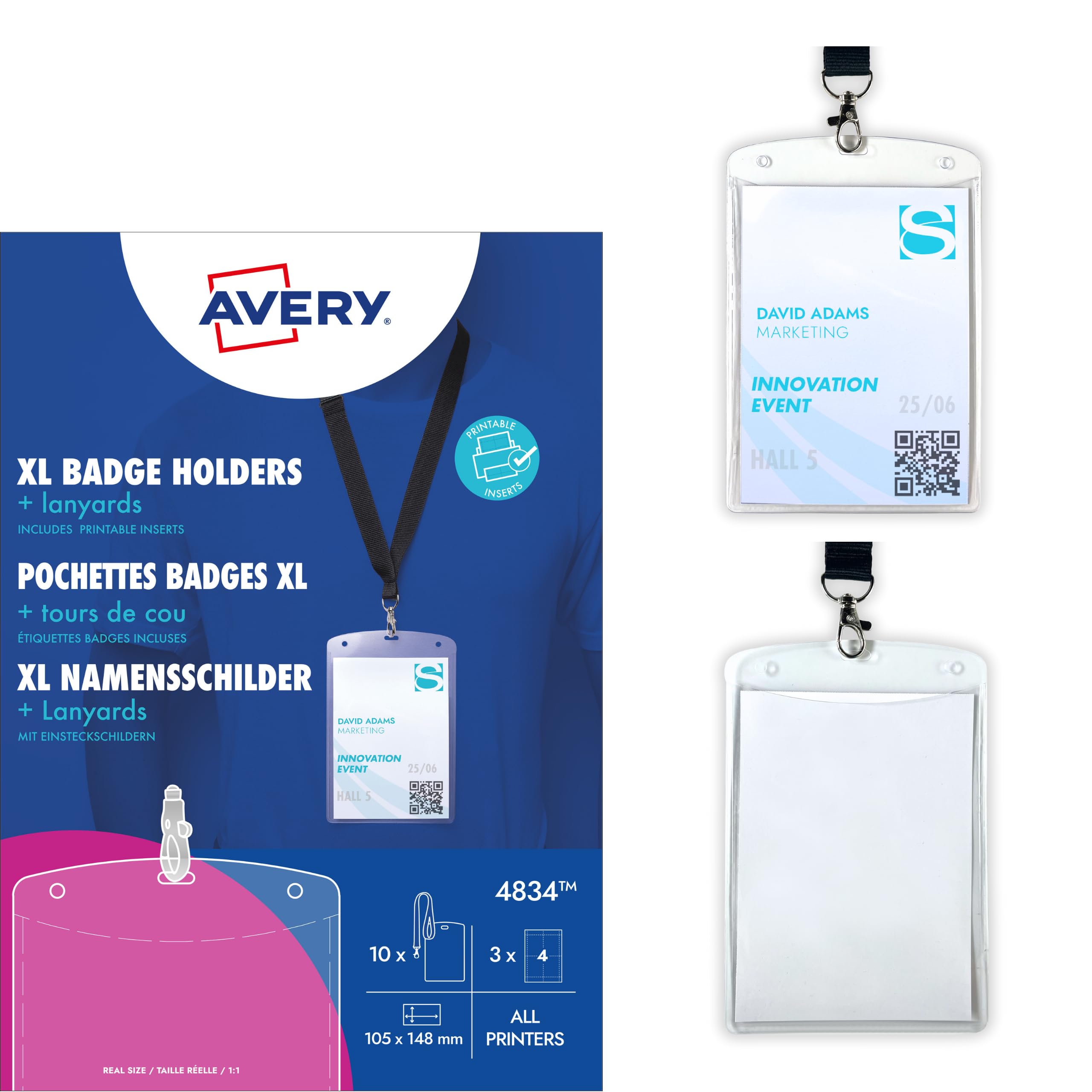 Avery 4834 A6 Name Badge Pockets with Lanyards and Inserts,Black