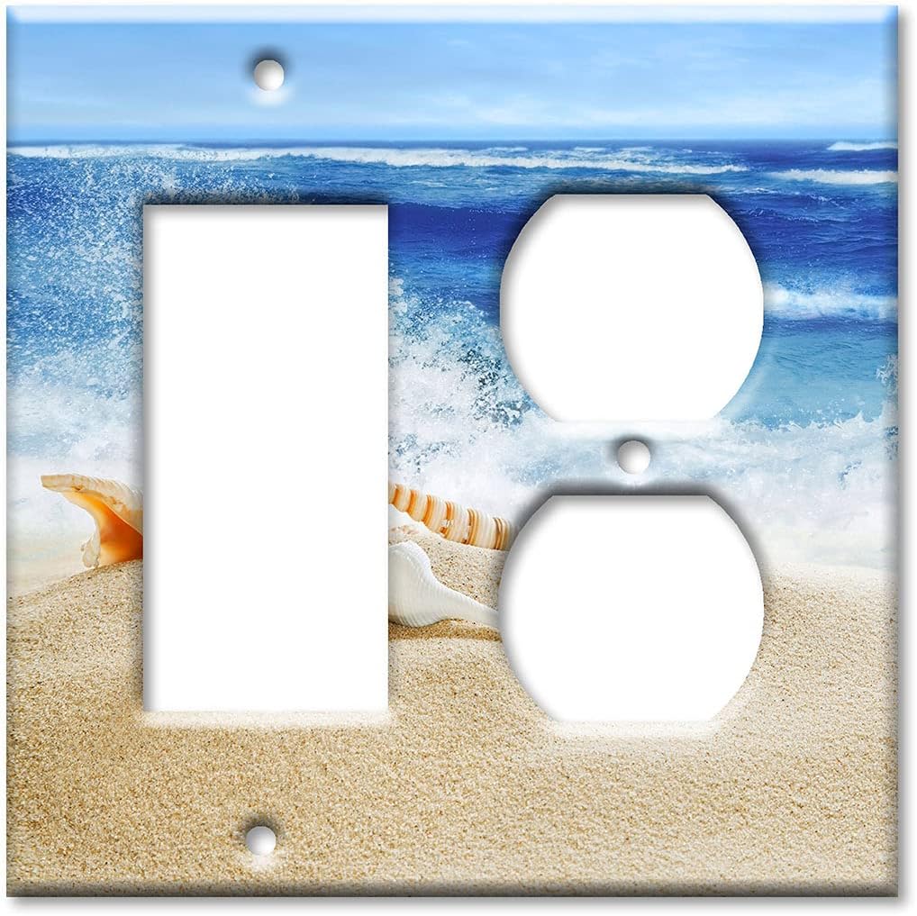 Art Plates - 2-Gang Combination Switch Plate - Decora - Outlet - Sea Shells by the Ocean Waves Beach - (Made in USA)