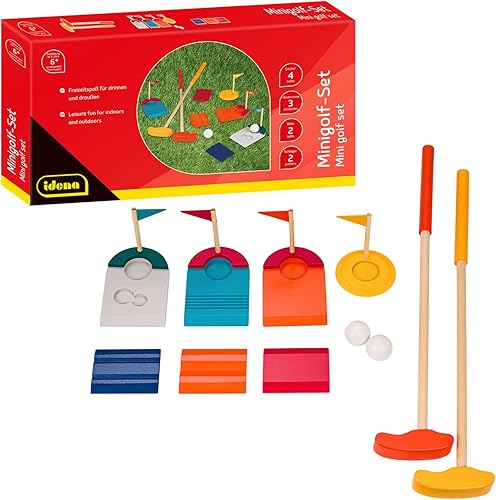 Idena 40383 - Wooden Mini Golf Set, 11-Piece Golf Set Includes 2 Clubs, 2 Golf Balls, 3 Obstacles and 4 Holes with Flags, Indoor and Outdoor, for