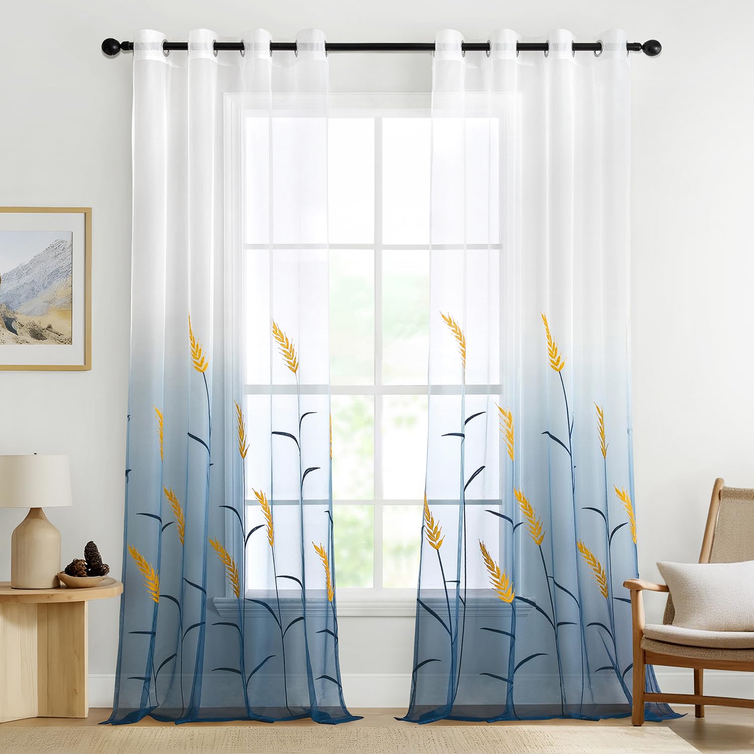 MIULEE Cortinas Bordadas Gradiente Blanco con Ojales Cortinas de Dormitorio Estilo Moderno 140 * 260cm, Azul Marino