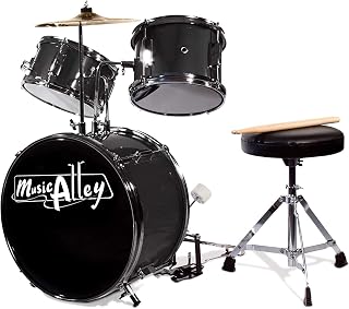 RockJam Music Alley 3-Piece Kids Drum Set with Throne, Sticks - Real Wood Junior Drum Kit Ages 3-8