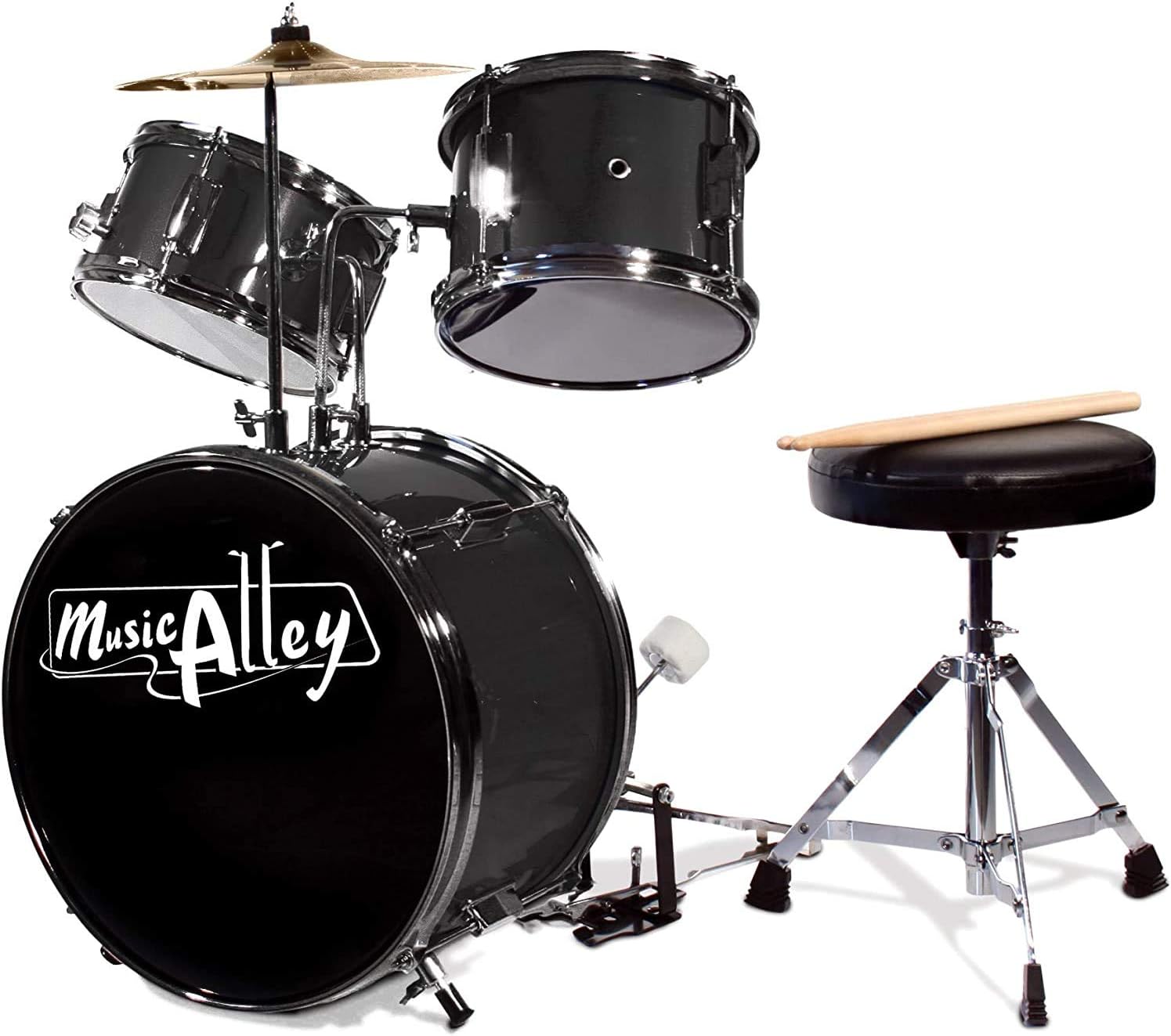 Music Alley Junior Drum Kit for Kids with Kick Pedal, Stool & Sticks - Black