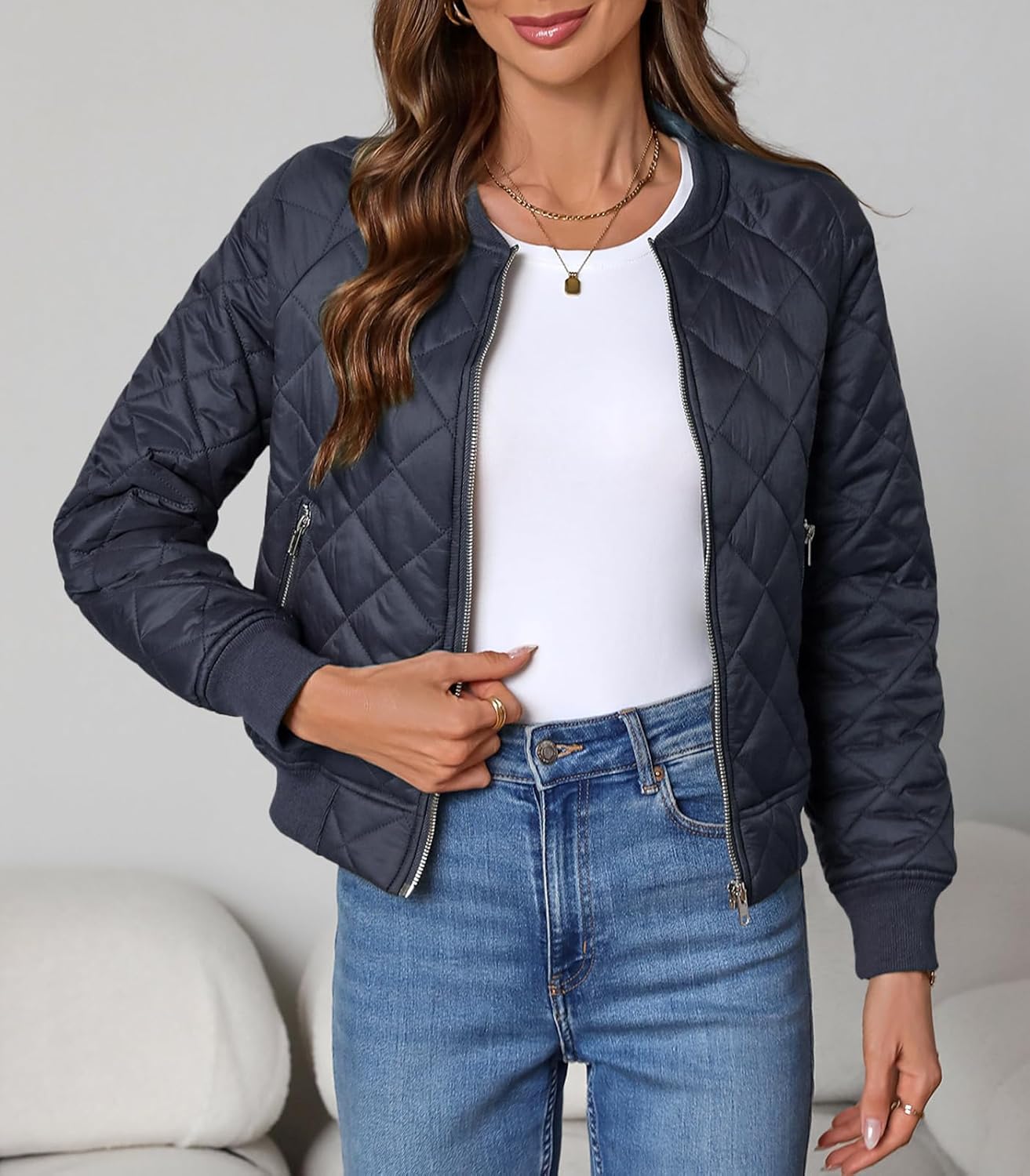 Women's Quilted Jackets Lightweight Zip up Bomber Jacket Long Sleeve Y2K Casual Jacket Coat with Pocket
