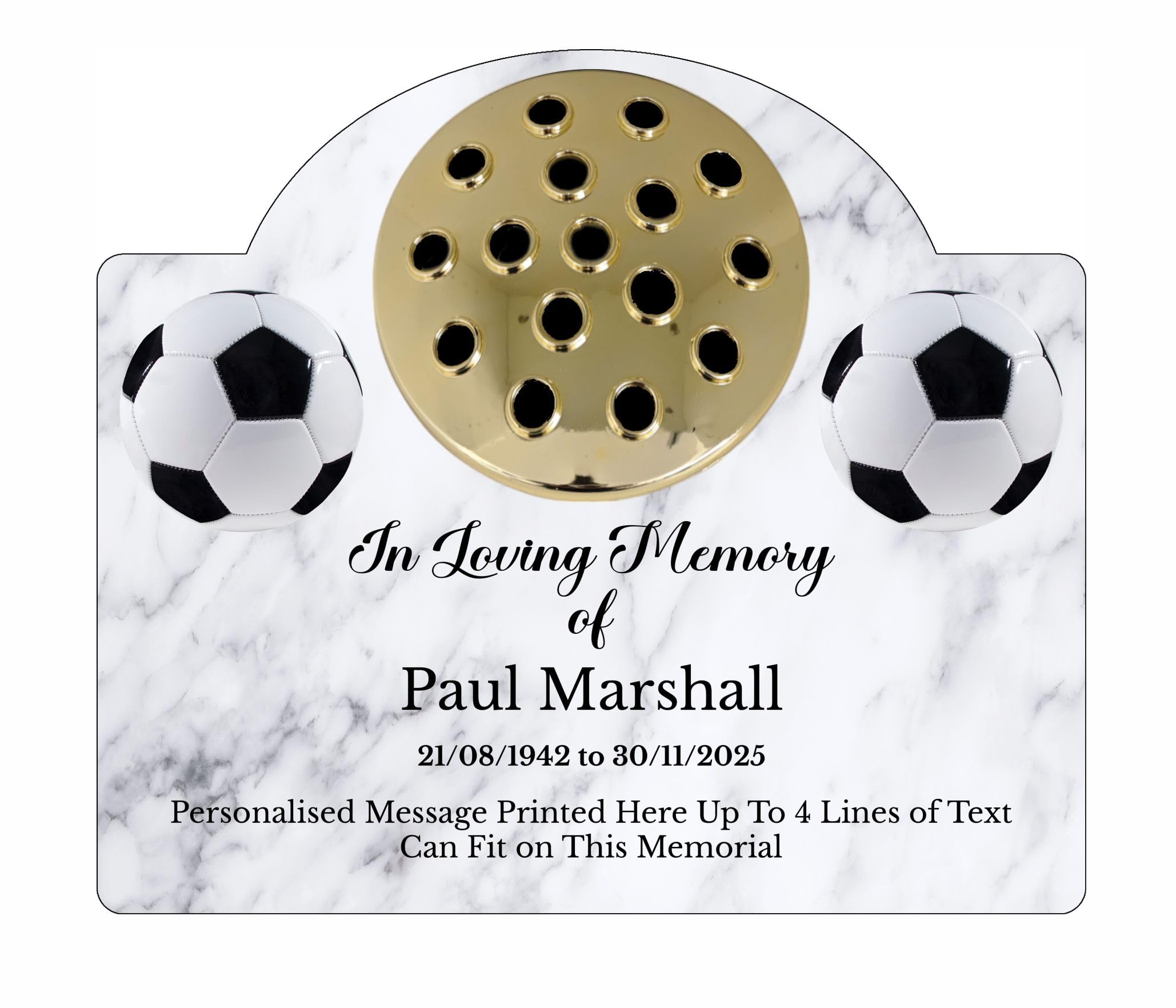 1stclassgifts Personalised Football Design Metal Grave Stone Marker Headstone Memorial Plaque In Memory Sign Remembrance Flower Pot Vase (UV PRINTED) (White Marble, Gold Lid)