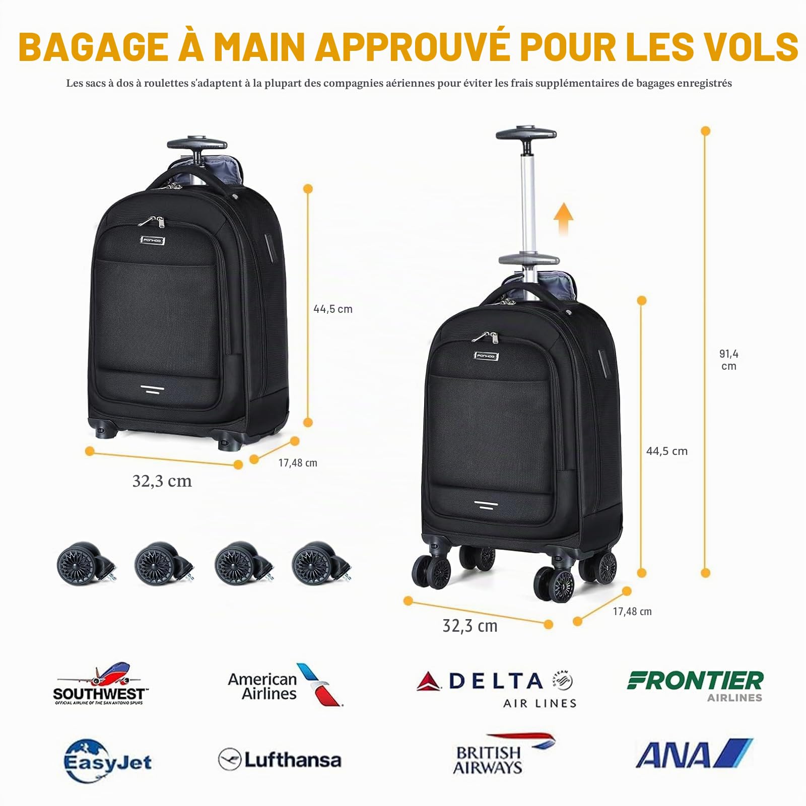 Ponhog Sac à Dos pour Ordinateur Portable 15,6 Pouces avec 4 Roues pivotantes - Résistant à l'eau - pour Le Travail Le Voyage Le Trajet Noir