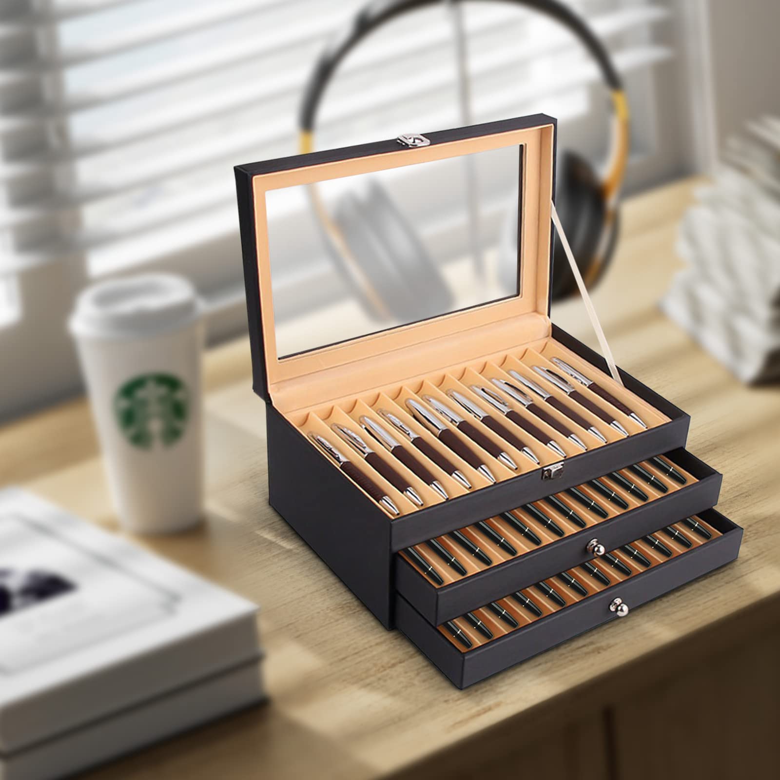 Caja expositora para pluma estilográfica, caja de presentación de cuero, organizador de almacenamiento, caja de almacenamiento, caja de madera, organizador (36 ranuras, negro)
