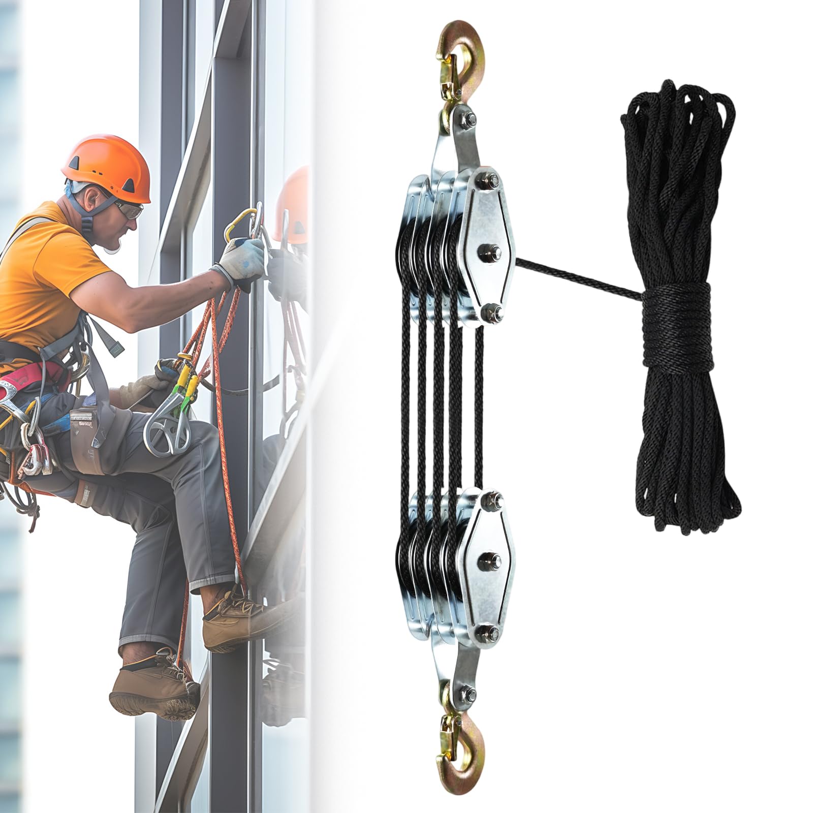Palan Manuel, 4 Ronds Poulie de Levage avec 20M de Câble en Nylon, pour Bateau Remorque Caravane Marine, Capacité de charge maximale 400KG(noir Palan Manuel, 4 Ronds Poulie de Levage avec 20M de Câble en Nylon, pour Bateau Remorque Caravane Marine, Capacité de charge maximale 400KG(noir