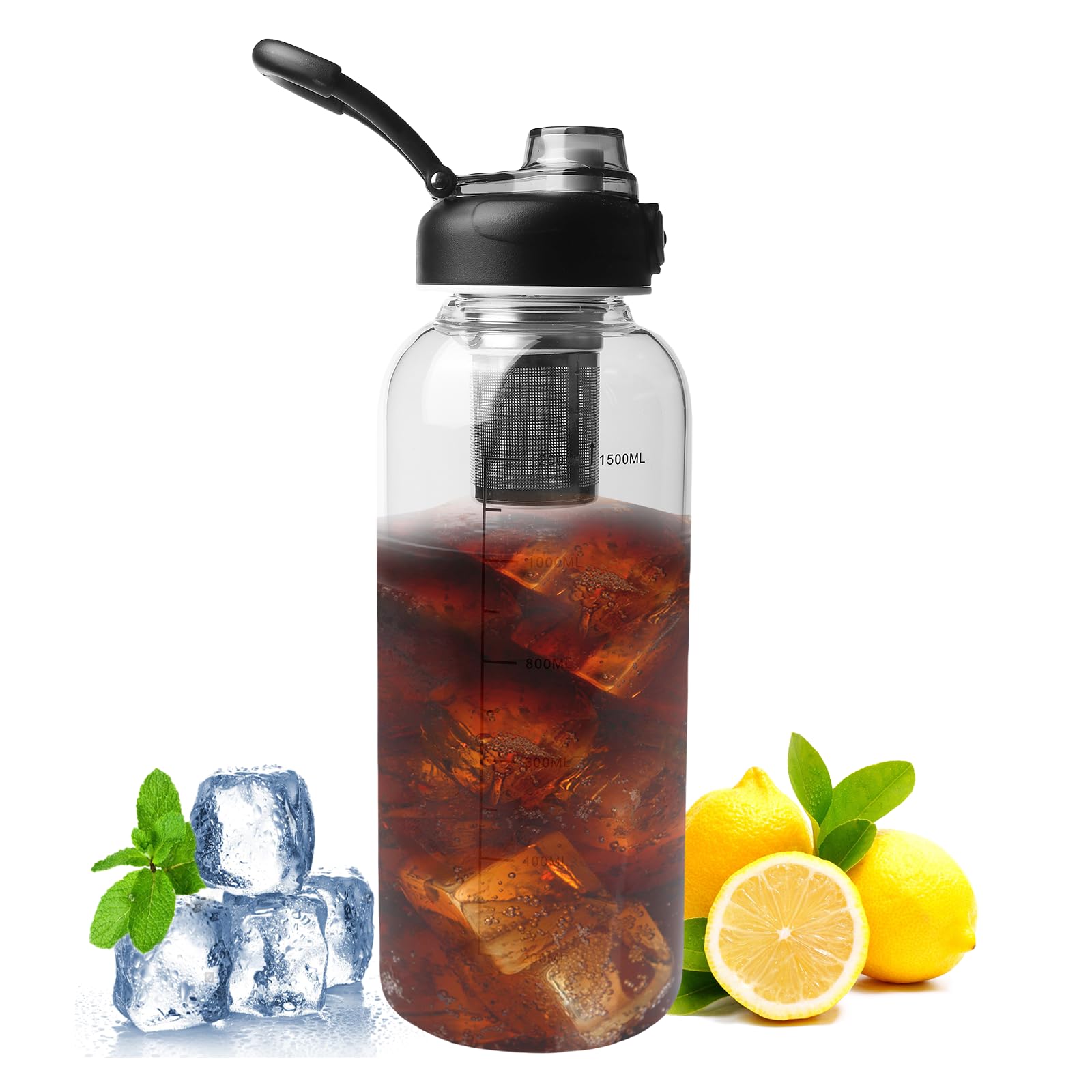 WIYETY 1.5 L Transparent Glass Water Bottle: Water Bottle with Marking, Leak-Proof, Unique Design of the Sealing Lid, Large Glass Bottle for Fitness, Home, Office, Tea Lovers
