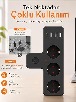 3’lü Akım Korumalı Priz Çoğaltıcı | 3x USB-A ve 1x Type-C Çıkışlı Priz | 2500W 10A