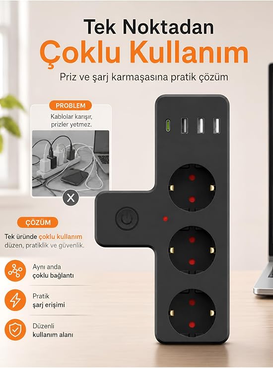 3’lü Akım Korumalı Priz Çoğaltıcı | 3x USB-A ve 1x Type-C Çıkışlı Priz | 2500W 10A