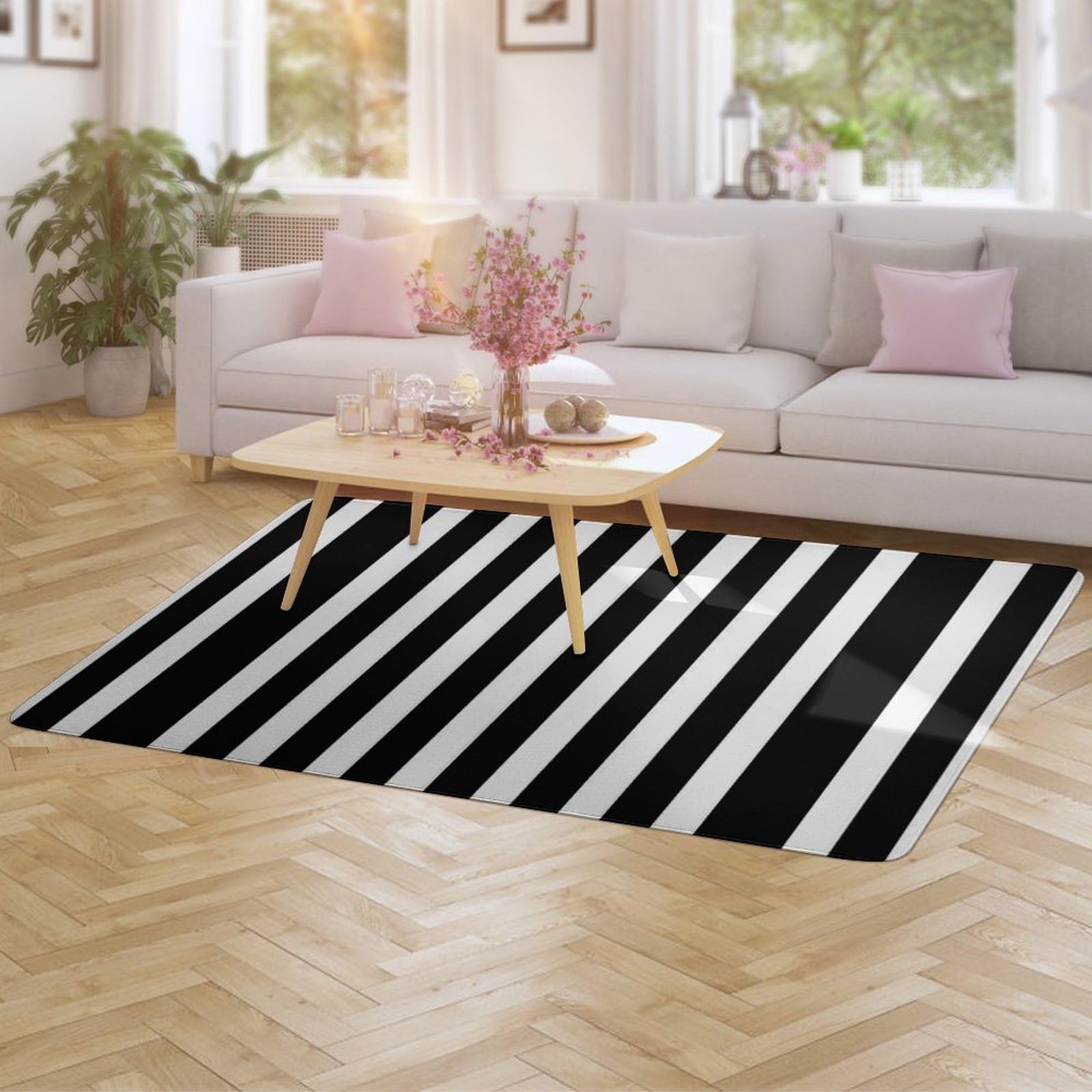 Teppich schwarz und weiß gestreift, weiche Bodenmatte für Wohnzimmer, Schlafzimmer (100 x 150 cm)