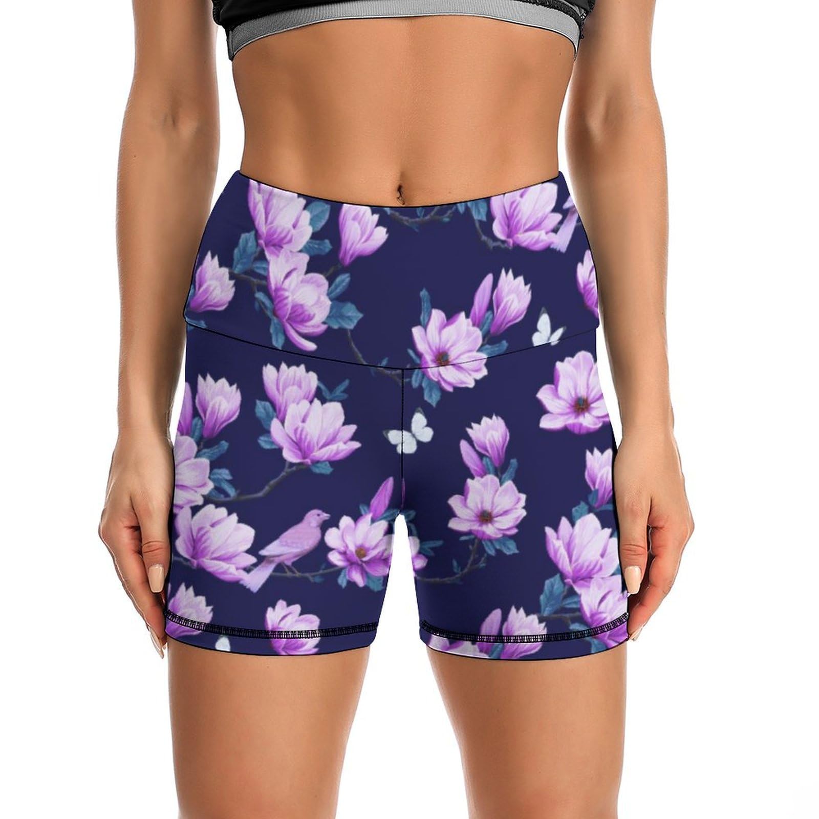 Cherry Blossoms Flower Pattern High Waist Yoga Shorts for Women Athletic Shorts Leggings Running Pants
