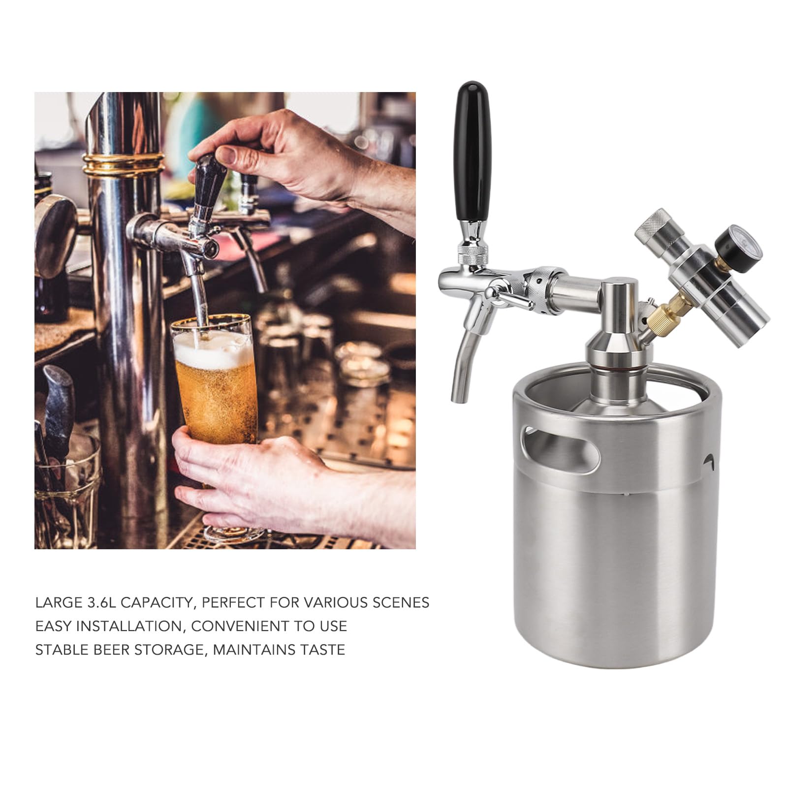 Mini barril de acero inoxidable, capacidad de 2 litros, dispensador doméstico de cerveza ajustable y duradero con calibre de 60 PSI para amantes de la cerveza y bares domésticos