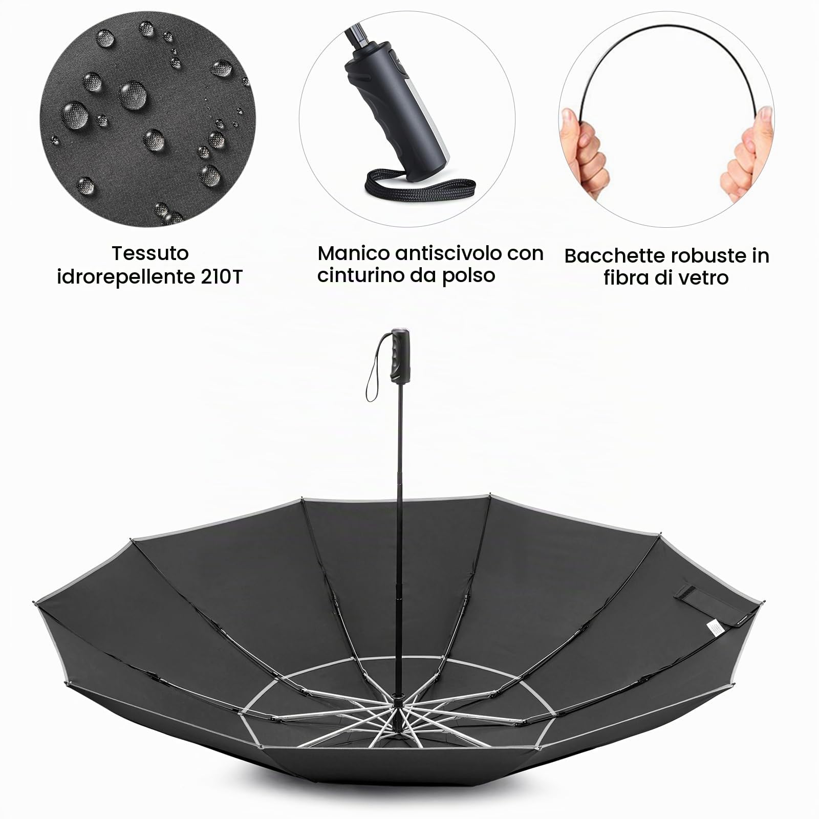G4Free Ombrello pieghevole da 157 cm, con striscia riflettente, 10 stecche, grande, da viaggio, compatto, invertito, antivento, doppia copertura, apertura automatica e chiusura