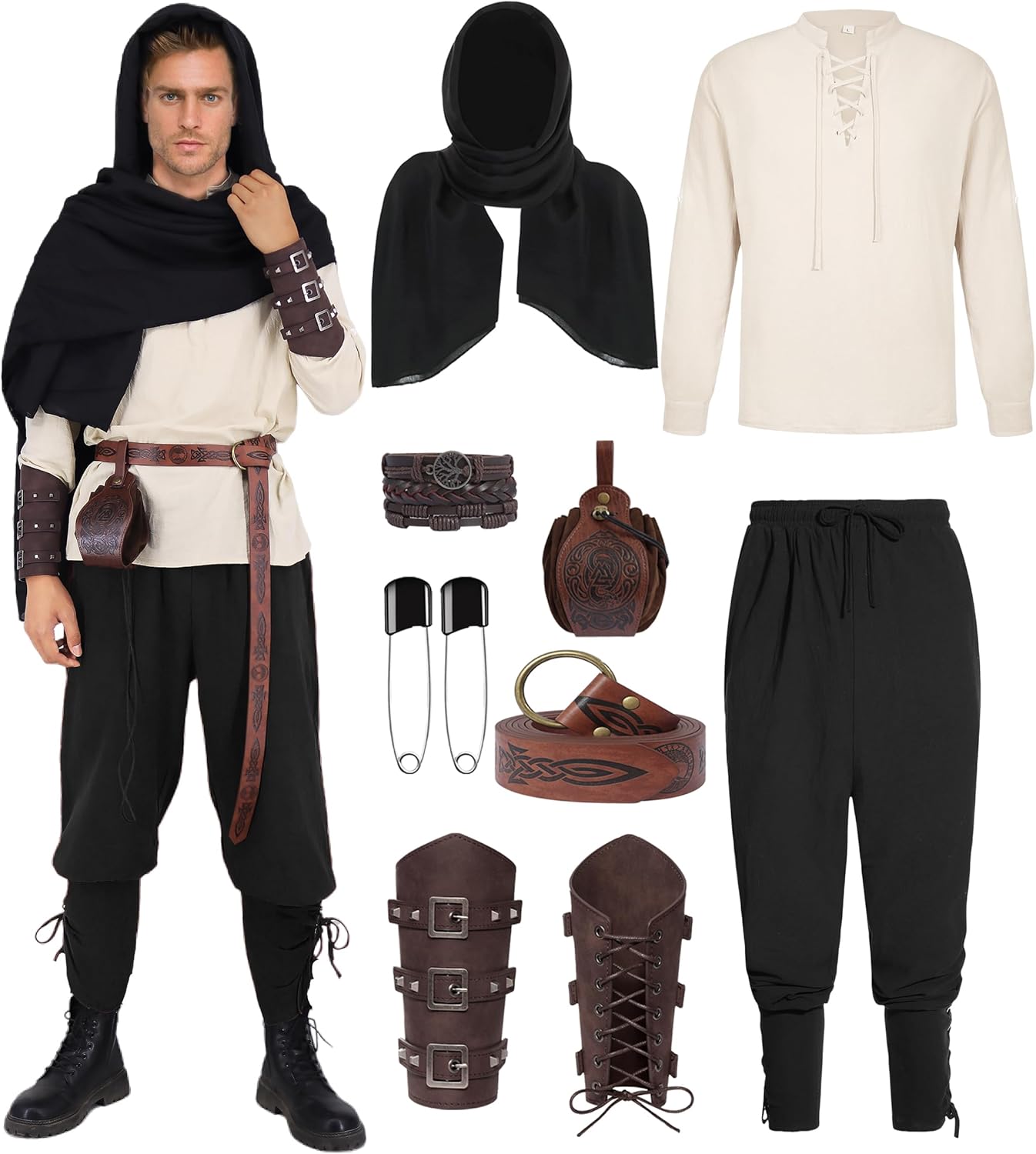 10 Pcs Medieval Costume Men Renaissance Viking Knight Cosplay Outfit Adult Halloween Costumes Pirate Costume