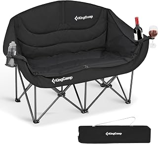 KingCamp Folding Double Camping Chair, Up to 300 kg, Cup Holder, Black | Folding Padded Camping Sofa for 2 People, High Back with Wine Glass Holder, Portable 2-Seater Camping Sofa, Garden Camping