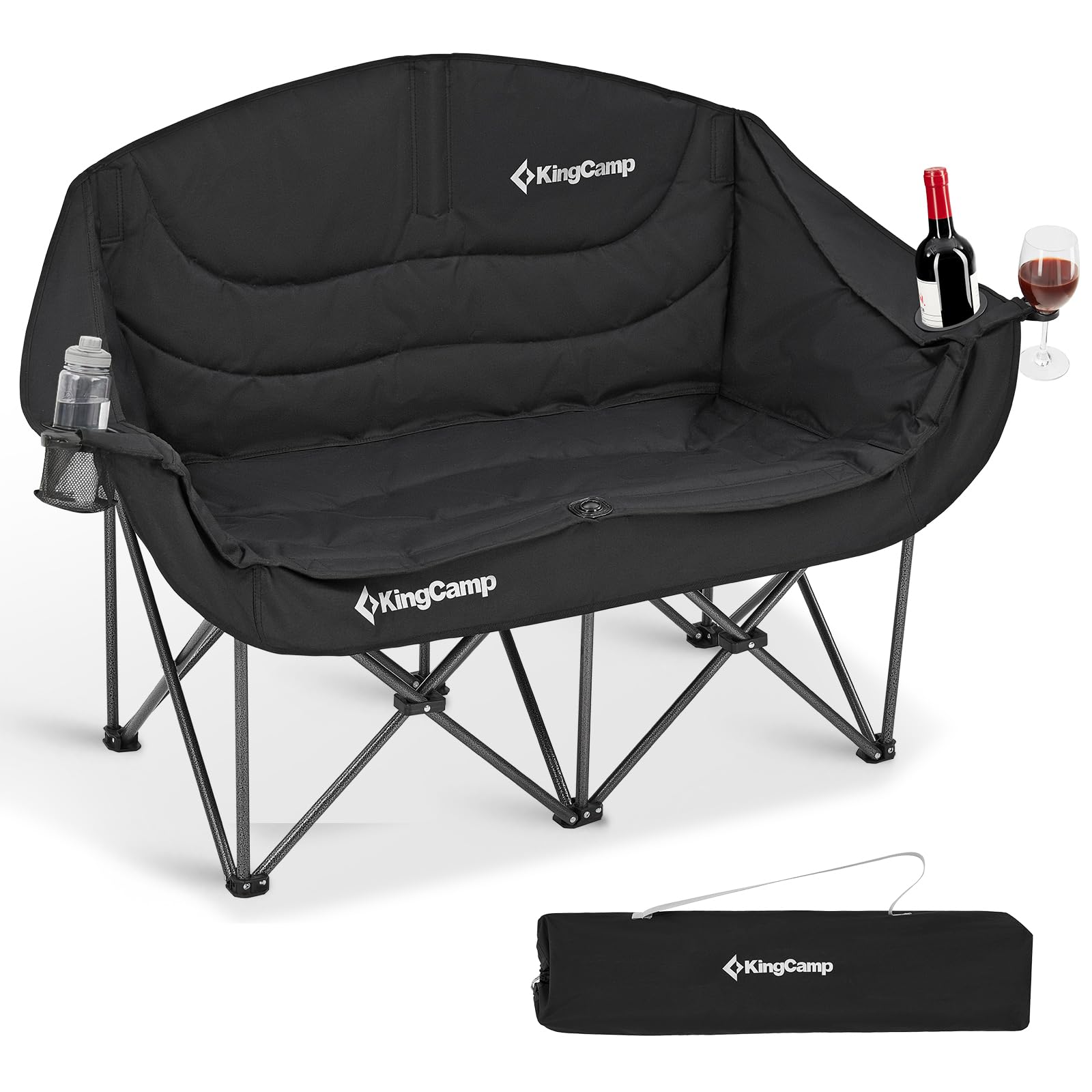 KingCamp XL Doppel Campingstuhl Faltbar bis 300kg Gepolstert Getränkehalter | Campingsessel Klappbar 2 Personen, Weinglashalter, Hochlehner, Armlehne & Tragetasche, Campingsofa 1 2 & 3 Sitzer für Garten