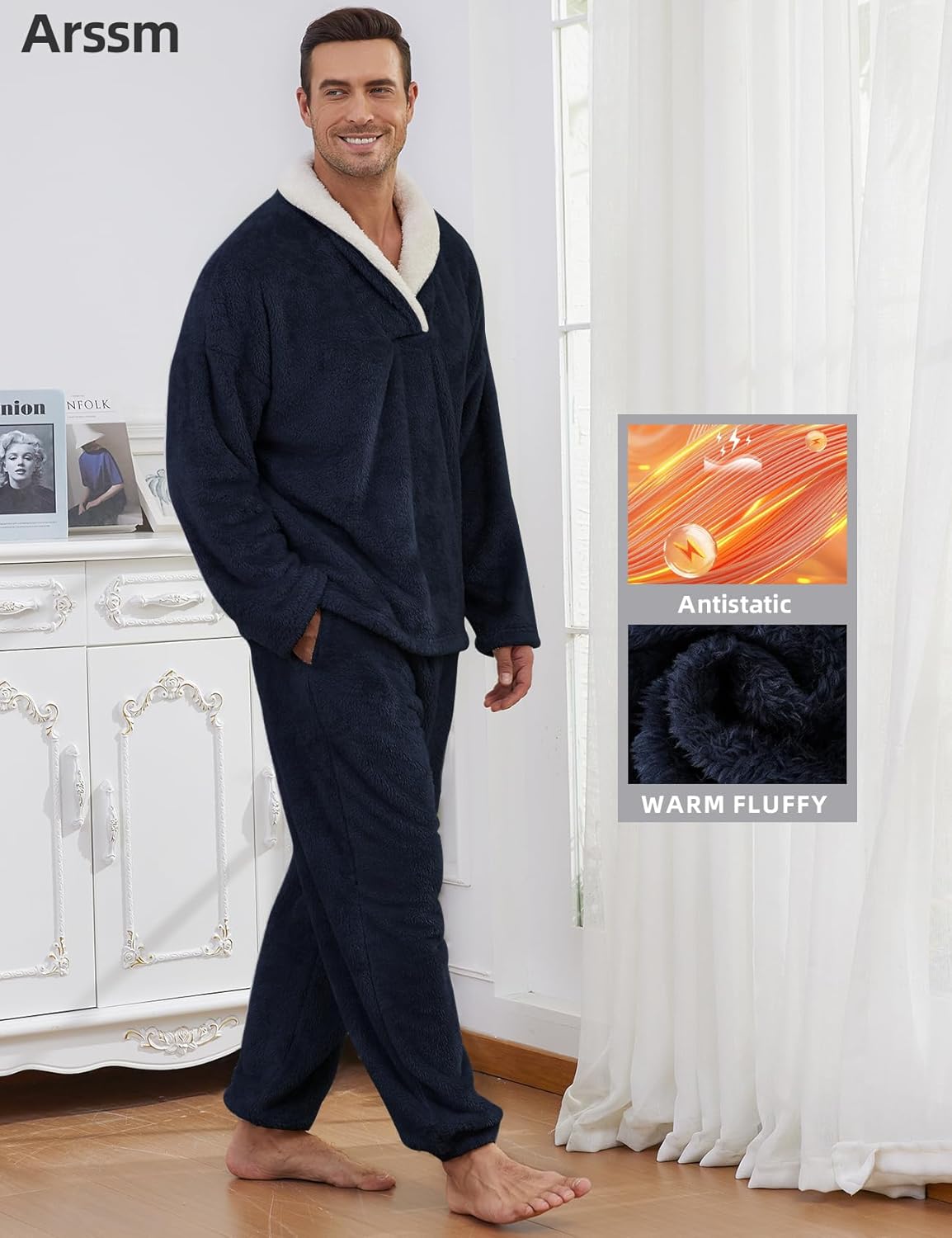 Arssm Mens Fluffy Pajamas Set 2 Piece Fleece Pjs Loose Plush Winter Warm Cozy Loungewear Sleepwear - Image 6