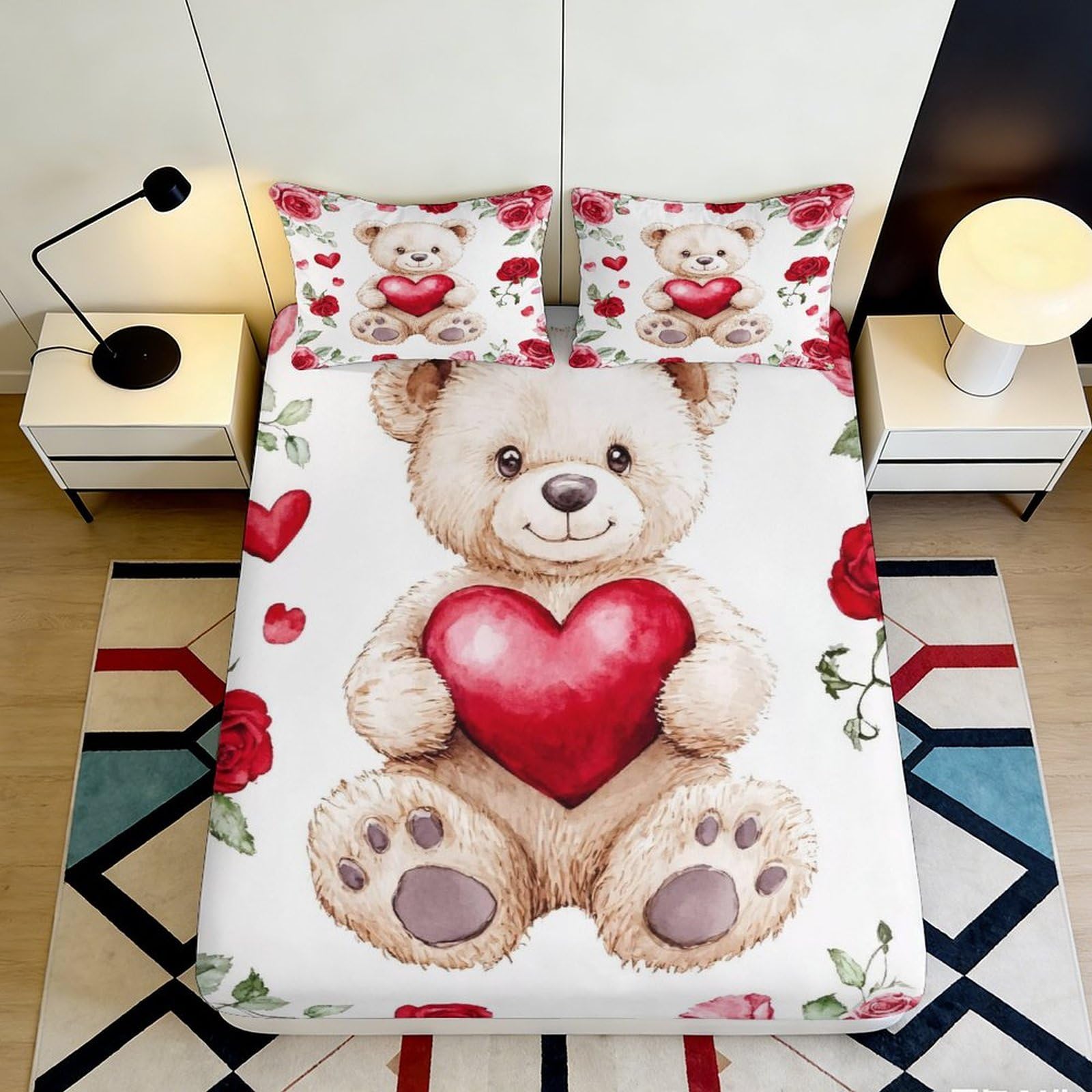 3D Printed Teddy Bear Fitted Sheet Microfiber Soft Heart Pattern Mattress Cover for Bedroom Dorm Decoration 90x200x25cm