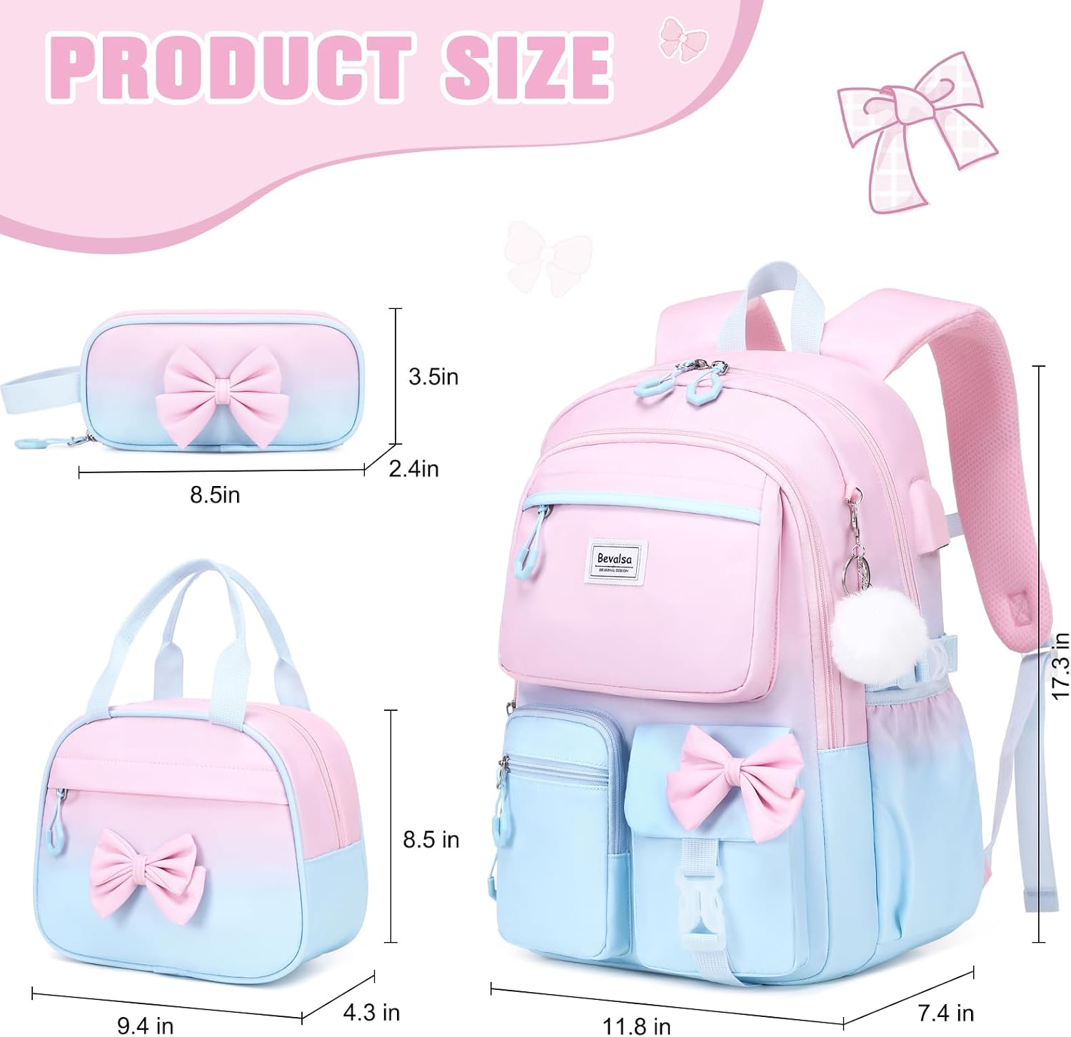 Bevalsa Backpack for Girls, Cute Bow School Bags for Kids with Lunch Bag & Pen Case, Bookbag for Girls Children Teens Elementary Middle Student, Back to School Gift with USB Charging Port
