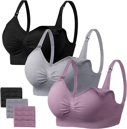 Angelhood Womens Seamless Sleep Nursing Bra,Breastfeeding Maternity Bra with Remove Bra Pads Extenders Pack of 3