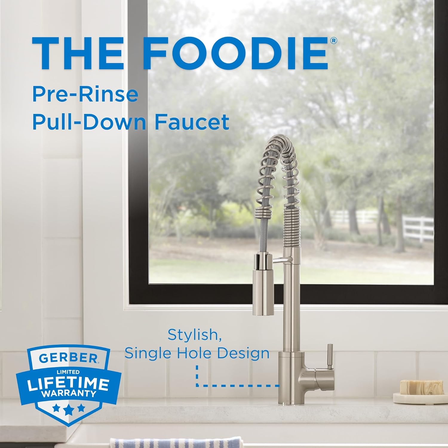 Gerber The Foodie Pre-Rinse Kitchen Faucet – Commercial Style, Single Handle, High Arc Pull-Down Spring Spout, Dual Sprayhead, Brass Construction, 1-Hole Install, Stainless Steel, D451388SS