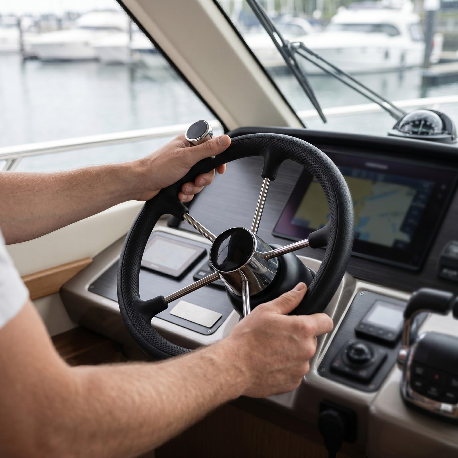 Volante Marino da 13,5 Pollici, Volante per Barca in Acciaio Inossidabile, per Yacht con Impugnatura Antiscivolo, Design a 5 Razze con Fori di Montaggio Standard per