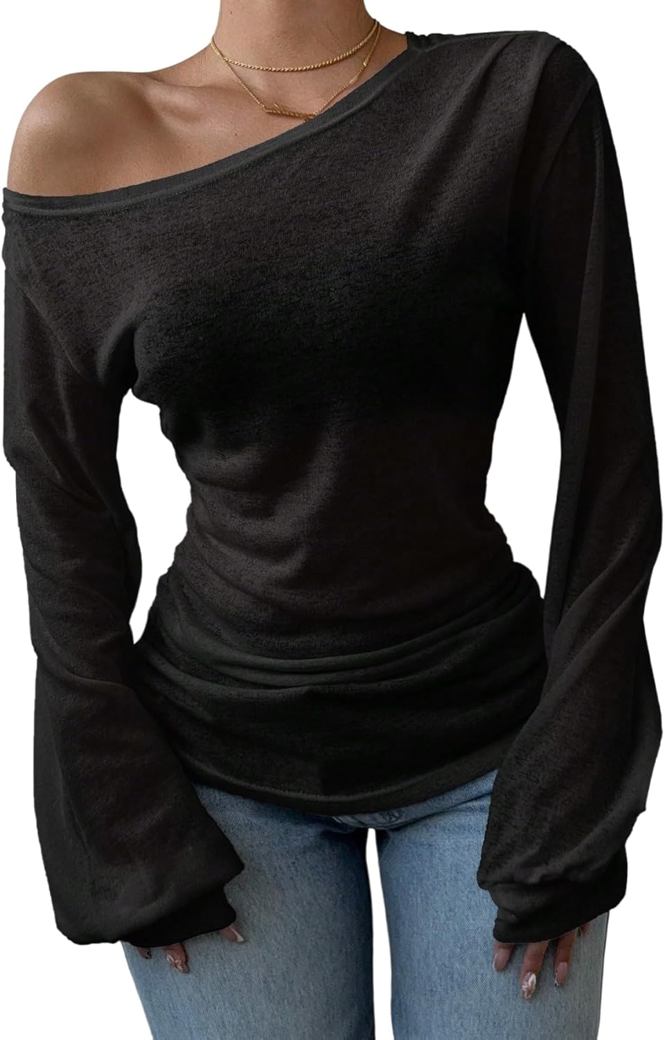 SOLY HUX Women's Off The Shoulder T Shirt Long Sleeve Ruched Tee Dressy Casual Tops