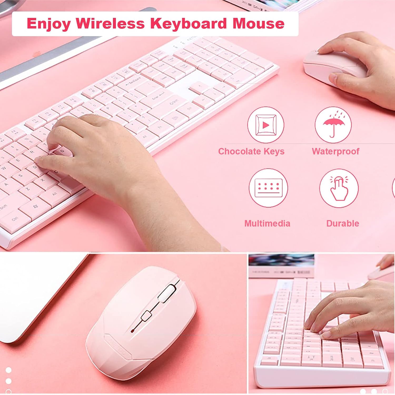 Wireless Keyboard Mouse Combo, Full Sized 2.4G Cordless Keyboard with Silent Chocolate Keys Multimedia, Ultra-Thin Cute Keyboard and 1600dpi Mouse Set for Computer PC Laptop (Pink)