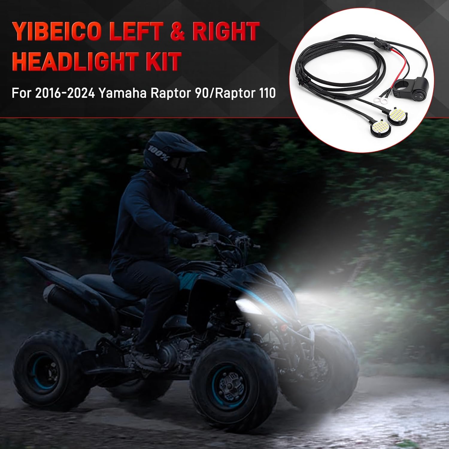 Left & Right Headlight Kit for 2016-2024 Yamaha Raptor 90 Raptor 110, Plug and Play Headlight Bulbs With Switch Wire Harness, Bright White Waterproof LED Headlamp Wiring Harness Kit