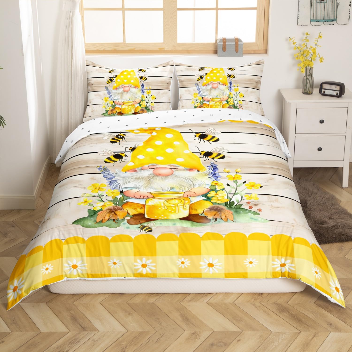 Erosebridal Cute Bee Gnome King Comforter Cover for Kids Boys Girls,Yellow Kawaii Spring Gnome Duvet Cover,Farm Honeycomb Honey Can Quilt Cover,