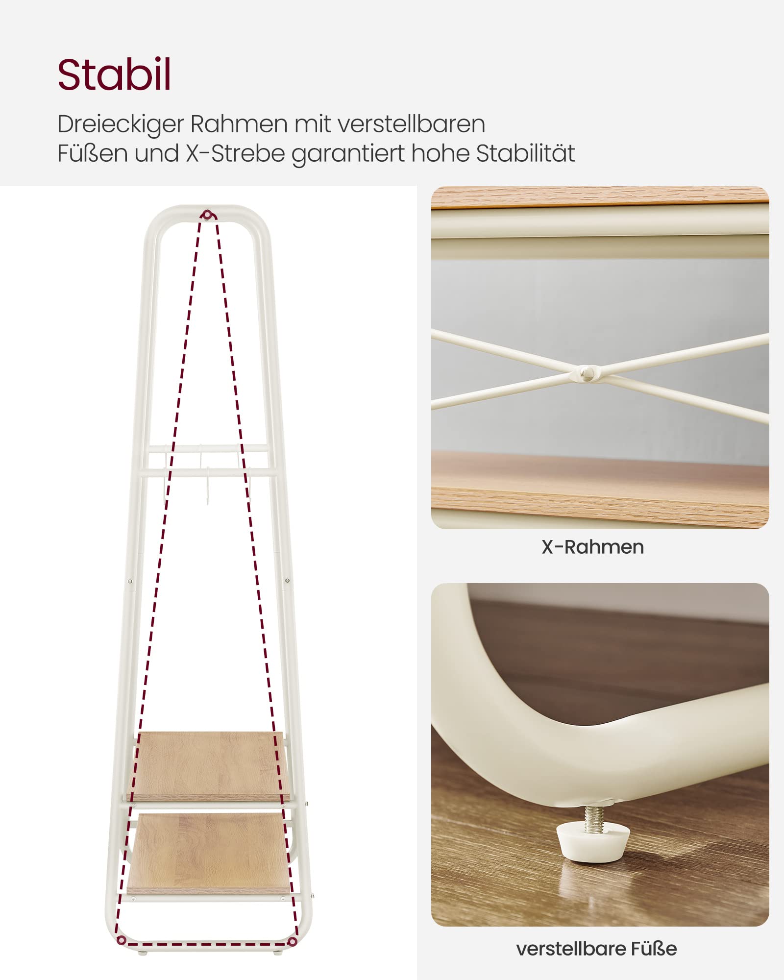 VASAGLE Kleiderständer, Garderobenständer, Garderobe, 2 Ablagen, 6 Haken in S-Form, Stahlgestell, 45 x 100 x 160 cm, für Schlafzimmer, Flur, Eingangsbereich, eichenfarben-cremeweiß RGR112W09