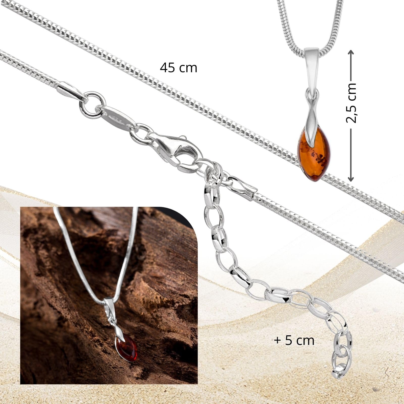 Collar Para Mujer Con Colgante De Ámbar Báltico Color Miel Y Cadena Ajustable De Plata 925