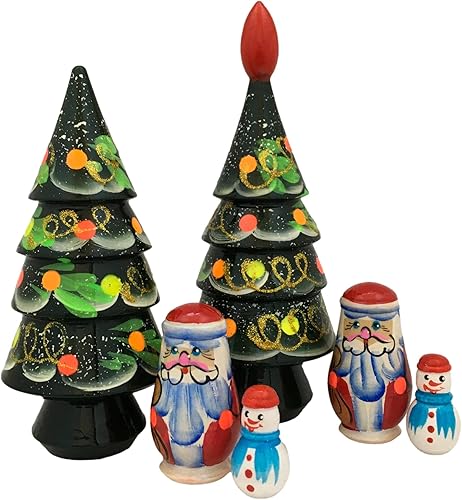 Lote de 2 juegos de muñecas de madera apilables para anidar, árbol de Navidad, Papá Noel, muñeco de nieve de 4.5 pulgadas de alto, pintado a mano