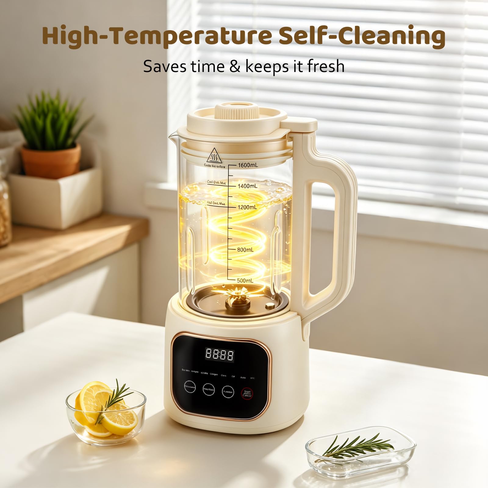Máquina automática de leche de soja, máquina de leche de nueces de 1600 ml con 20 cuchillas, pantalla LED, temporizador de 24 horas, función de autolimpieza, para leches vegetales caseras como soja