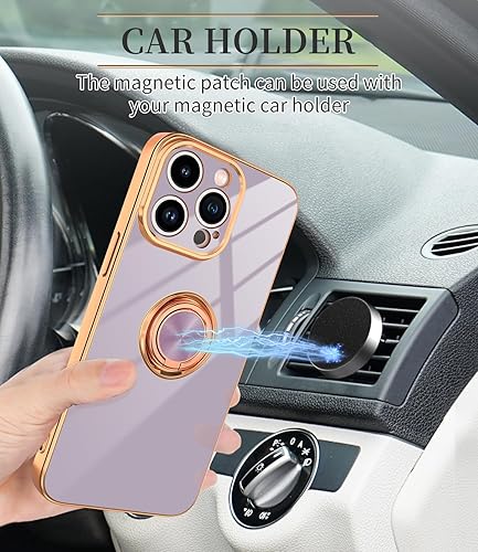 Miniatura 5 de Funda púrpura para iPhone 15 Pro con soporte de anillo con magnético parachoques de TPU suave, cubierta galvanizada dorada con purpurina, funda