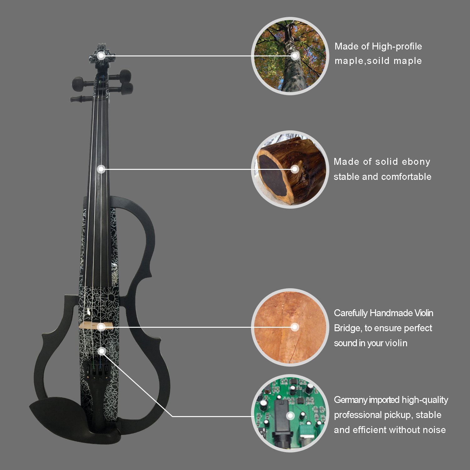 Aliyes legno elettrico completo per violino 4/4 Advanced intermedio elettrico silenzioso violino (Art fiori bianchi) (alkit-006), ALSDDS-1306