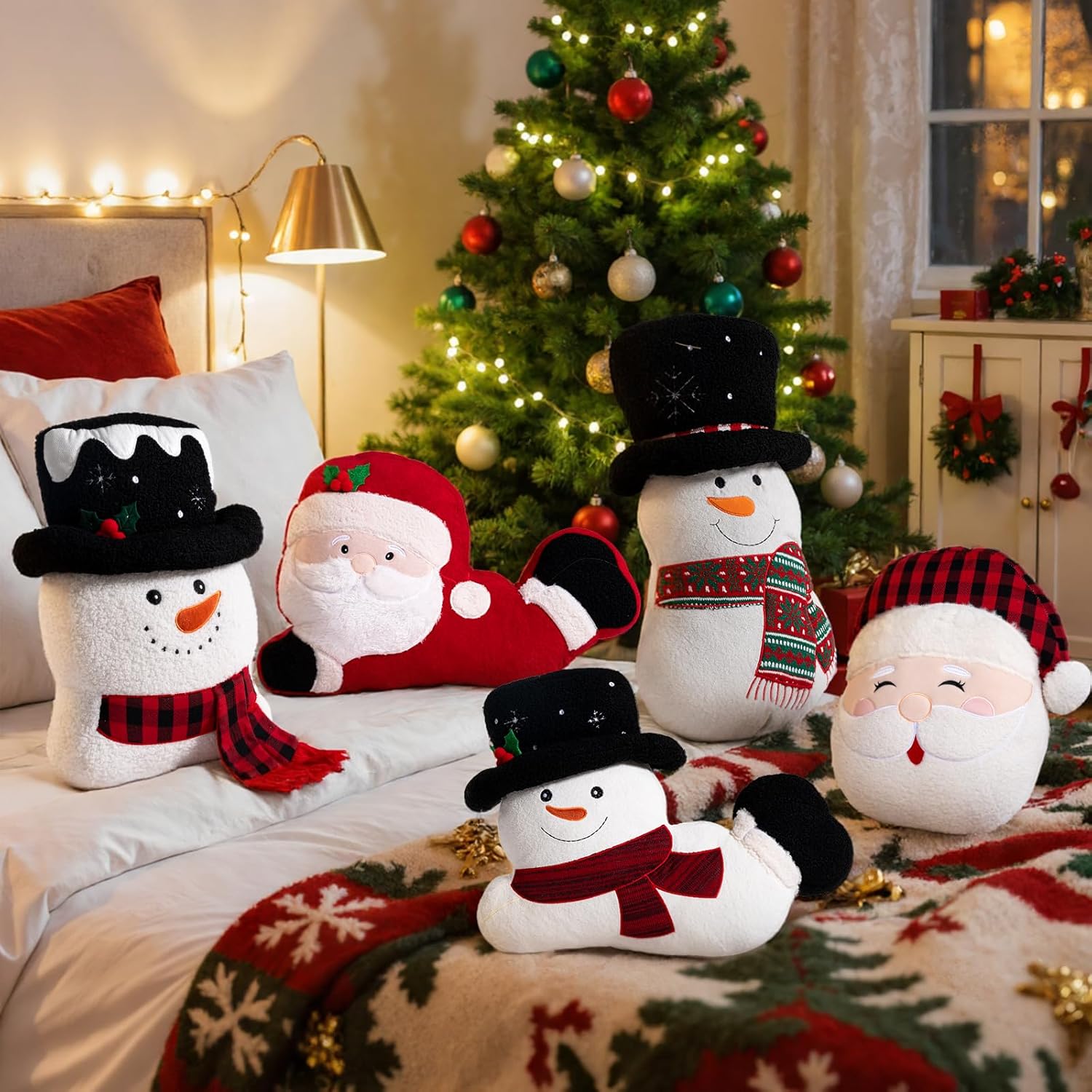 Lanpn Christmas Santa Snowman Throw Pillows Set of 2, Christmas Decoration Winter White Throw Pillows Soft Fleece Cute Throw Cushion for Sofa Bedroom Xmas Decor (02 Santa & Snowman)