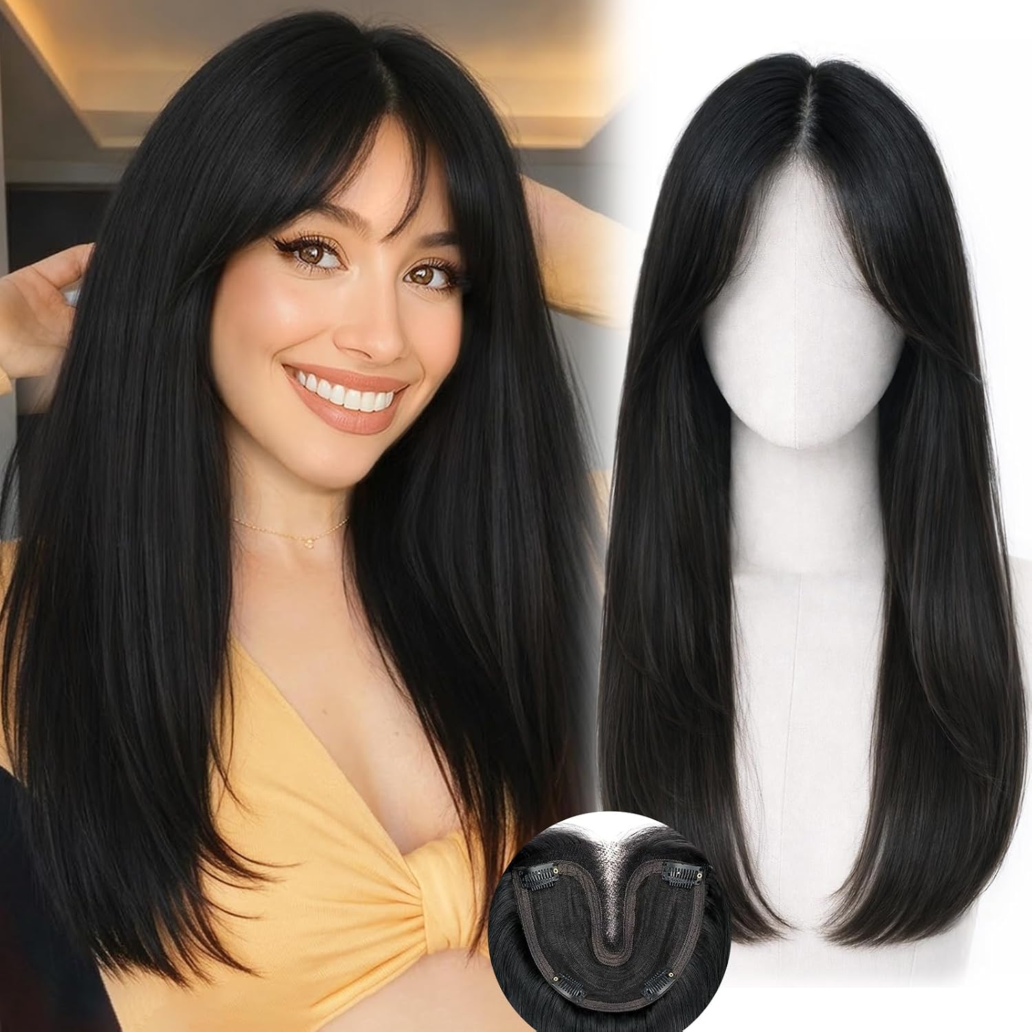 Hair Toppers for Women with Thinning Hair, 20 Inch Synthetic 360° 3D Clip-In Topper, Straight Layered Wiglet Adds Natural Volume & Full Crown Coverage (Black)