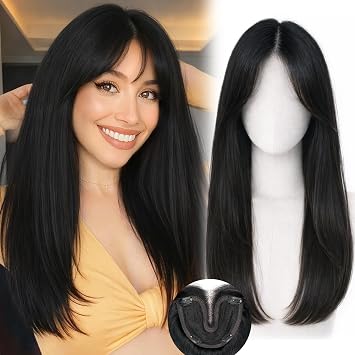 Hair Toppers for Women with Thinning Hair, 20 Inch Synthetic 360 3D Clip-In Topper, Straight Layered Wiglet Adds Natural Volume & Full Crown Coverage Black