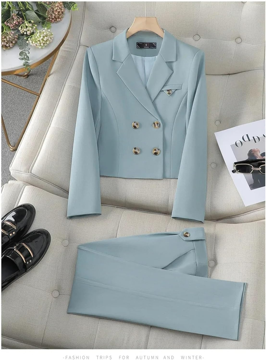 Women's Two Piece Blazer Set Cropped Double Breasted Jacket and High Waisted Pants Suit for Work