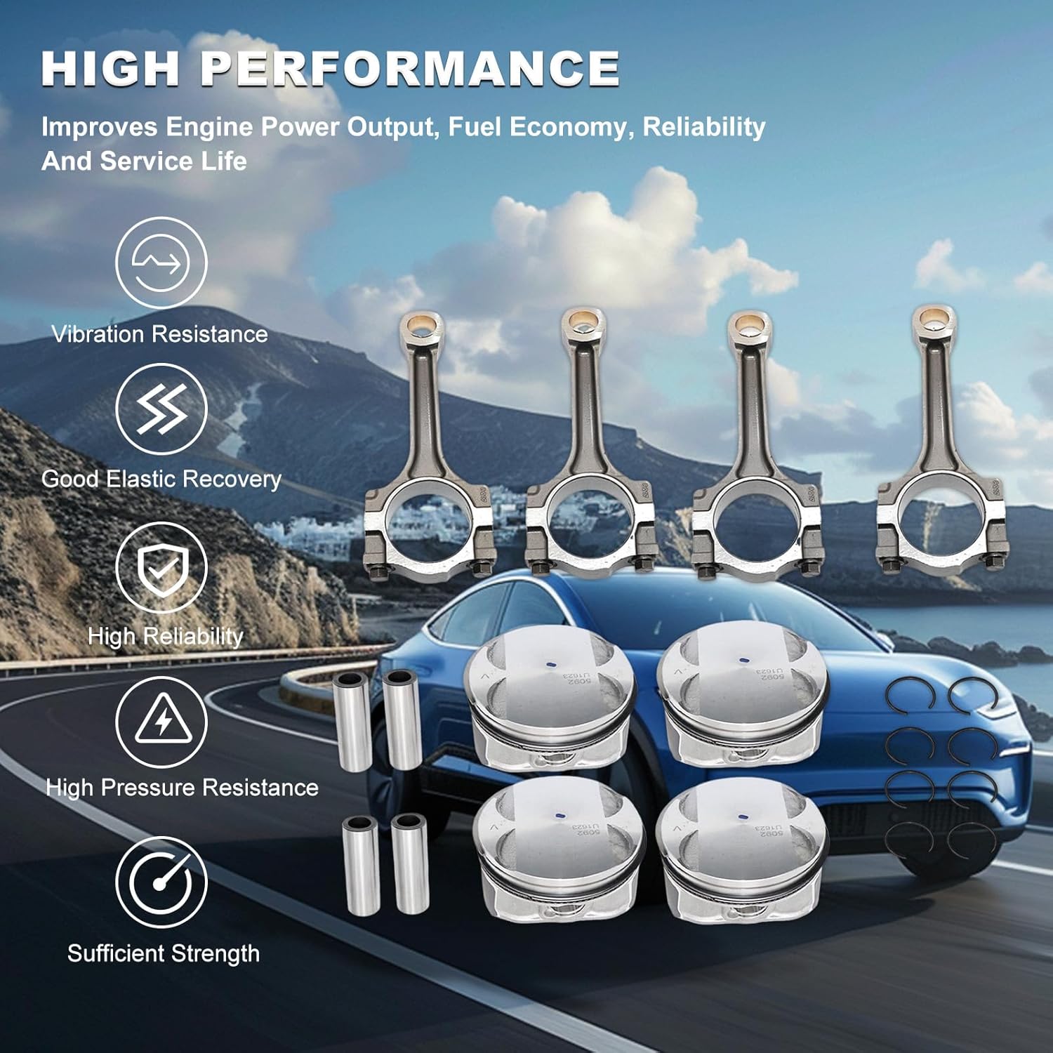 12654958 12578324 4PCS Pistons Rings & Connecting Rod Kit Compatible with Buick Chevy GMC Saturn 2.4L Replace OE 12578326 89018112 12593744 12598216