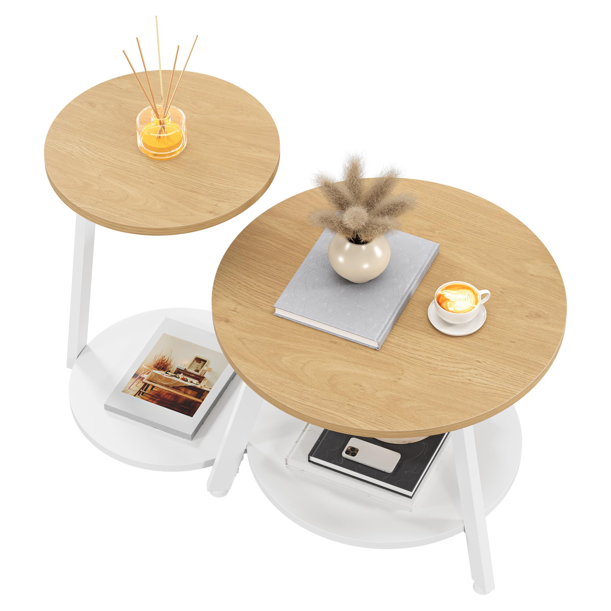 YITAHOME Mesa de Centro Redonda, Juego de 2 Mesas Auxiliares, Mesas Bajas Nido con Mesa Auxiliar en Forma de C, Mesa de Sofá con Espacio de Almacenamiento para Salón, Dormitorio, Natural
