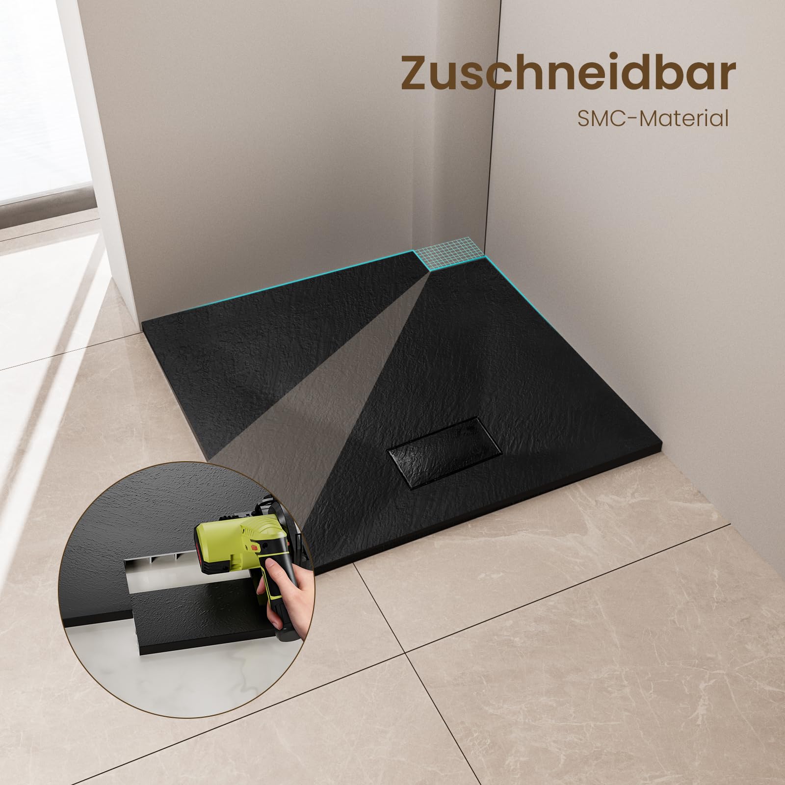 EMKE Plato de ducha 90 x 90 cm, plato de ducha plano SMC antideslizante, color negro, altura 2,6 cm, aspecto de piedra, desagüe 90 mm