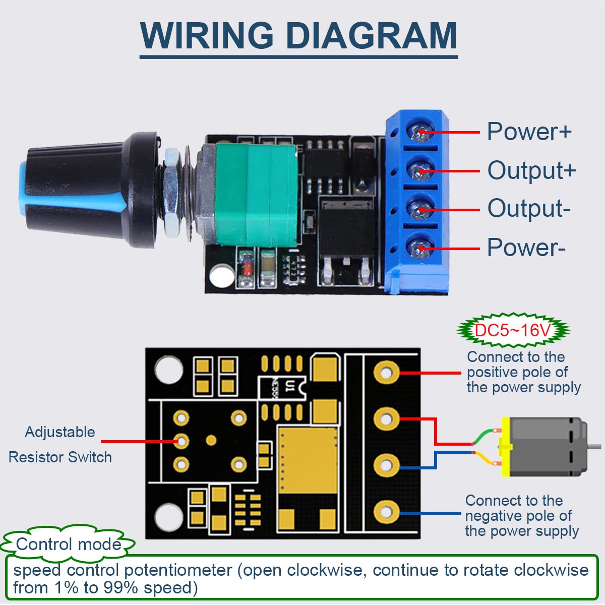 2PCS Mini modulo regolatore di velocità PWM DC Motor Governor 5V-16V 12V Interruttore di controllo della velocità 10A Funzione interruttore Dimmer LED con cavo 24AWG